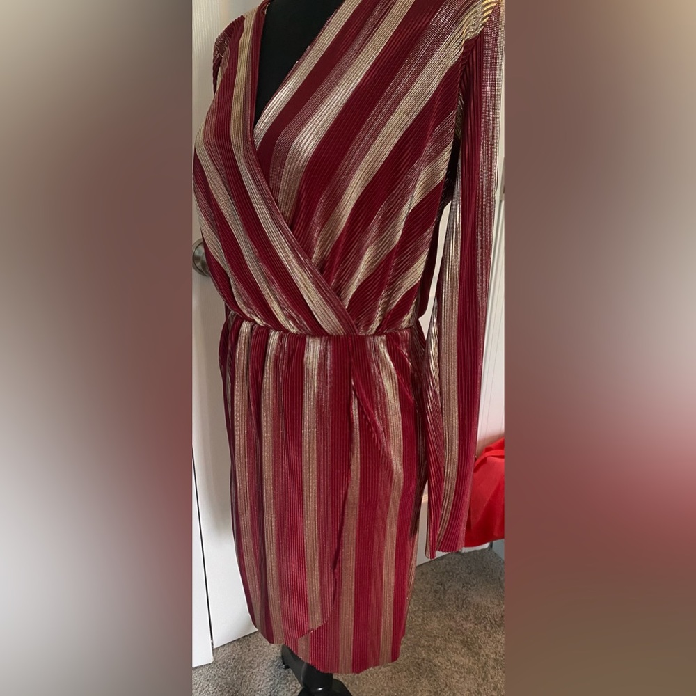 LuLus Red and Gold Pleated Wrap Dress